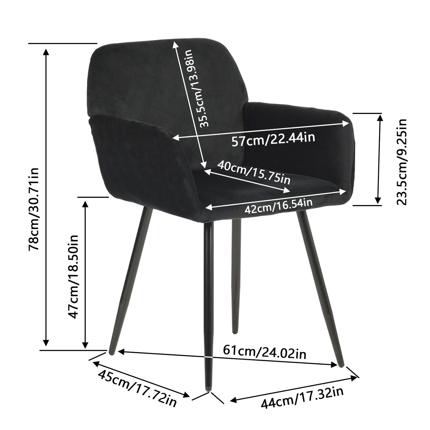 Breiter Esszimmerstuhl mit Samtarmlehnen, Schwarz/Dunkelgrau – KAMELY