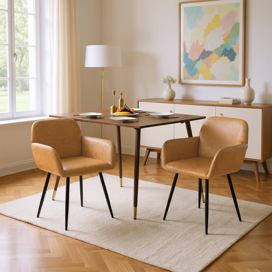 Esszimmerstuhl mit Armlehnen aus PU-Leder, breitem Design und Eisenbeinen, 1/2 Stück – Braun