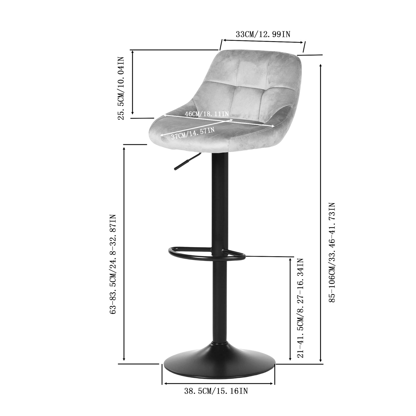 OLIVET Moderner, verstellbarer Barstuhl aus Samt, 2er-Set – Grau
