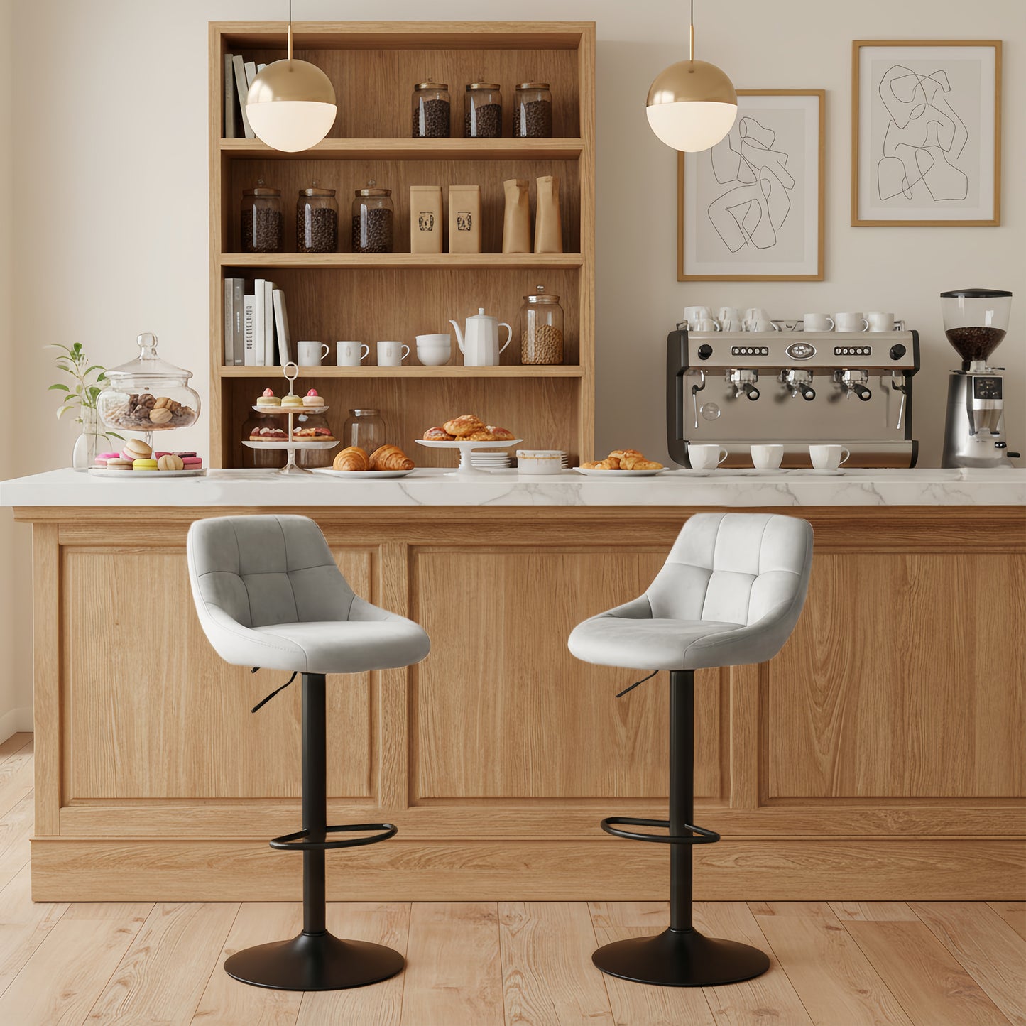 OLIVET Moderner, verstellbarer Barstuhl aus Samt, 2er-Set – Grau