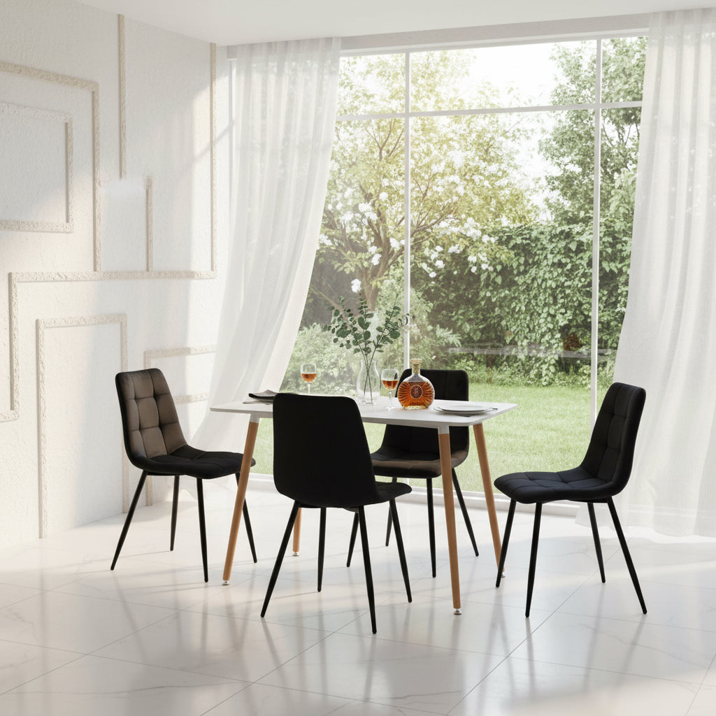 Armloser Esszimmerstuhl mit Stoffbezug und schwarzen Eisenbeinen – Schwarz/Grau/Braun