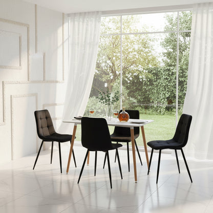 Armloser Esszimmerstuhl mit Stoffbezug und schwarzen Eisenbeinen – Schwarz/Grau/Braun