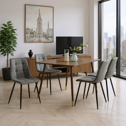 Armloser Esszimmerstuhl mit Stoffbezug und schwarzen Eisenbeinen – Schwarz/Grau/Braun