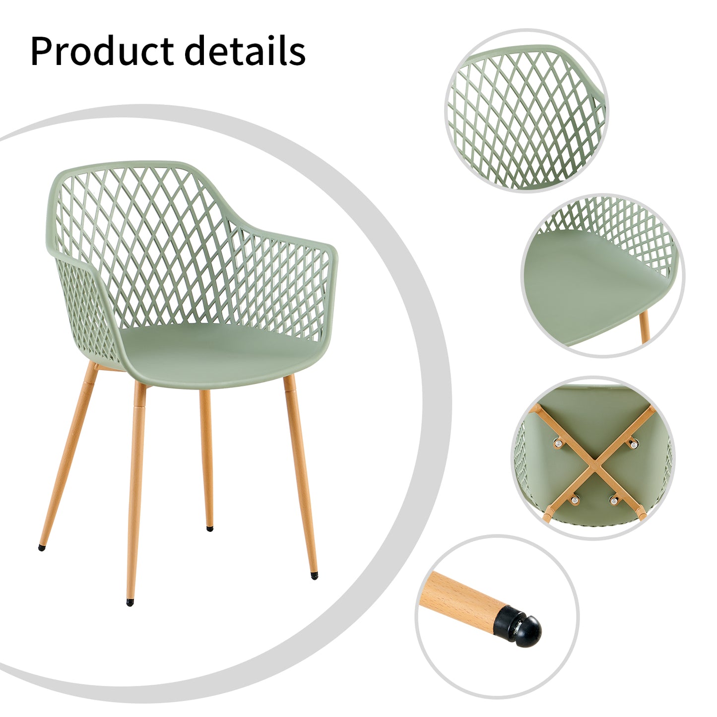 ROME Esszimmerstühle mit durchbrochenen Armlehnen aus PP-Material (4er- oder 6er-Set) – Graugrün