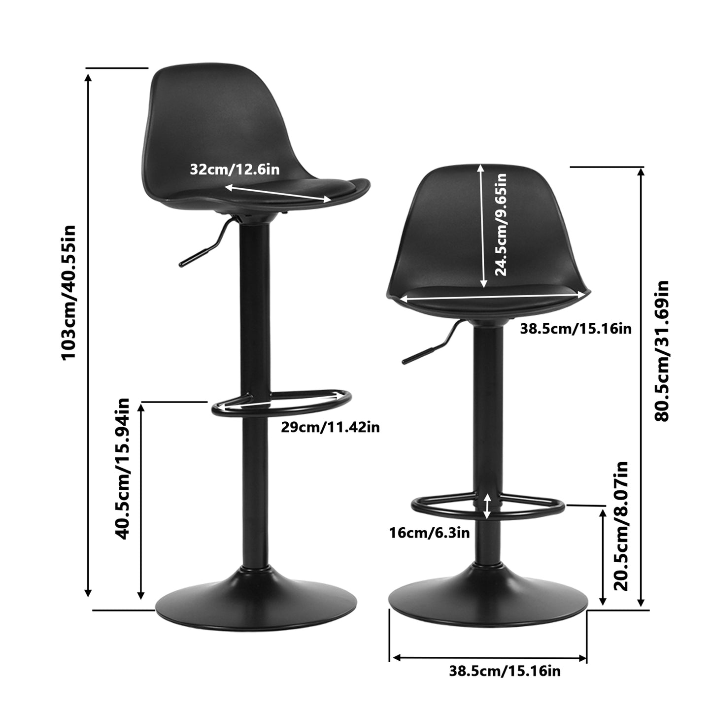 HAZLET Moderner verstellbarer Barstuhl mit Rückenlehne und Fußstützen, 2er-Set – Schwarz