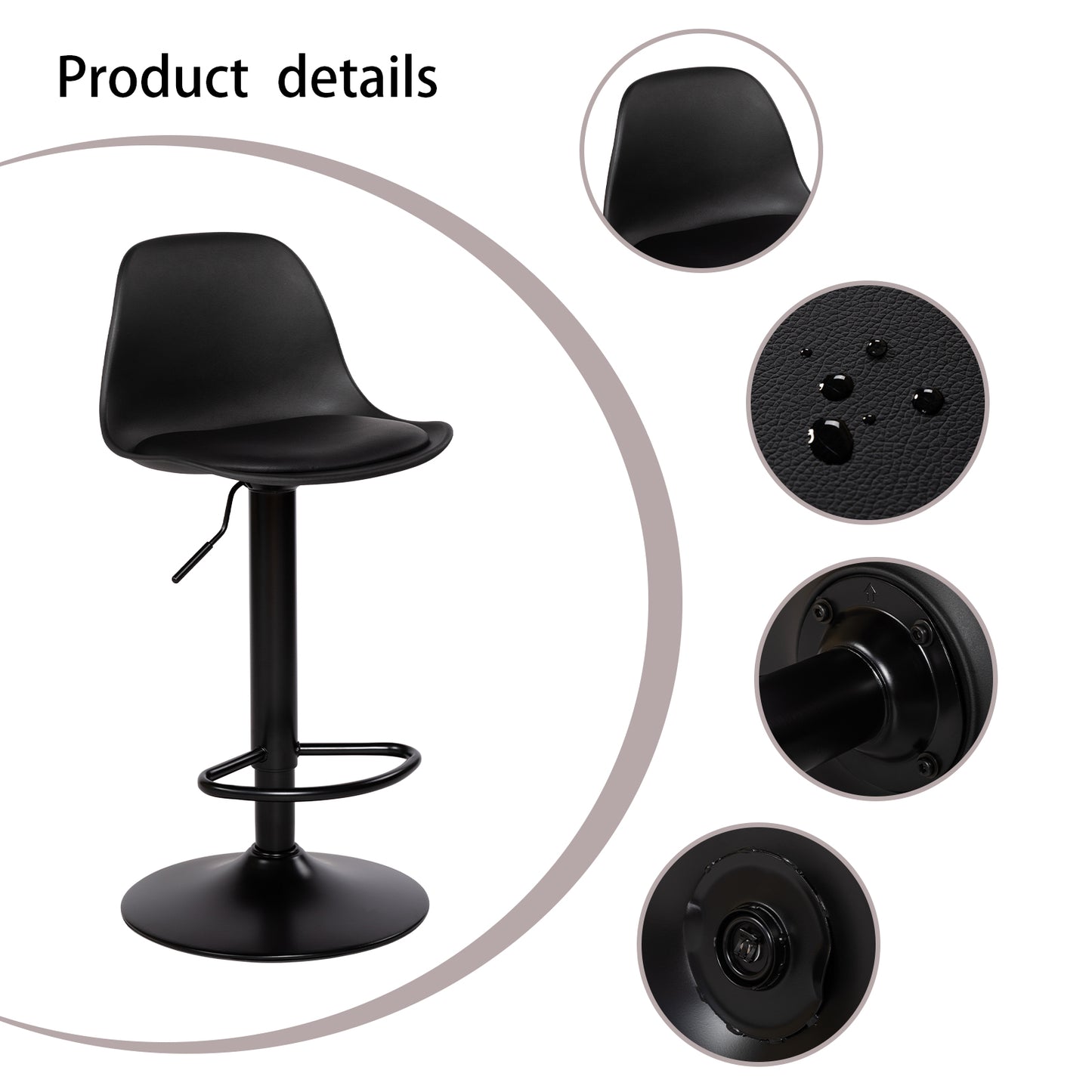 HAZLET Moderner verstellbarer Barstuhl mit Rückenlehne und Fußstützen, 2er-Set – Schwarz