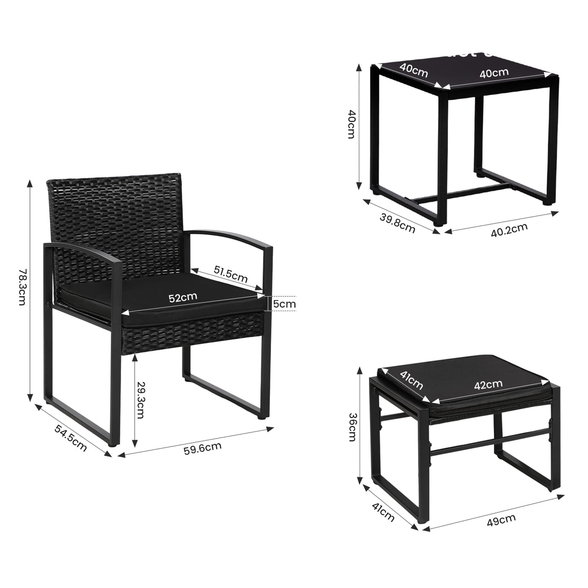 5-teiliges Gartenmöbelset aus Rattan, 2 Sessel + 2 Hocker + 1 Tisch – Schwarz