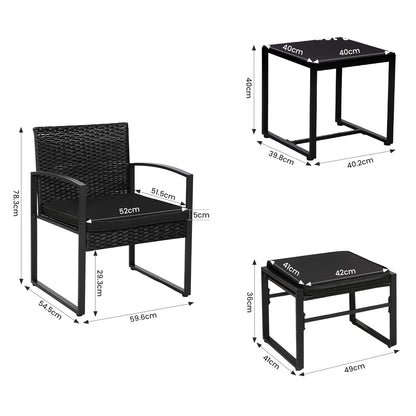 5-teiliges Gartenmöbelset aus Rattan, 2 Sessel + 2 Hocker + 1 Tisch – Schwarz
