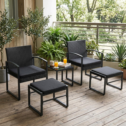5-teiliges Gartenmöbelset aus Rattan, 2 Sessel + 2 Hocker + 1 Tisch – Schwarz