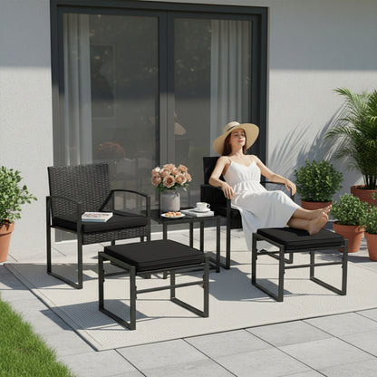 5-teiliges Gartenmöbelset aus Rattan, 2 Sessel + 2 Hocker + 1 Tisch – Schwarz