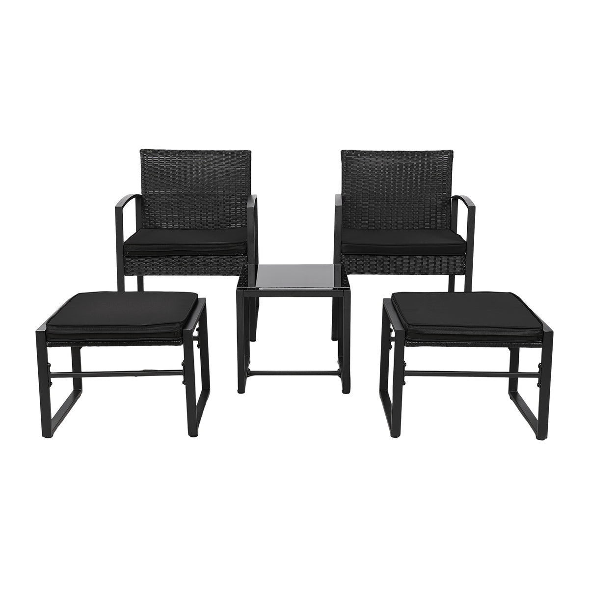 5-teiliges Gartenmöbelset aus Rattan, 2 Sessel + 2 Hocker + 1 Tisch – Schwarz
