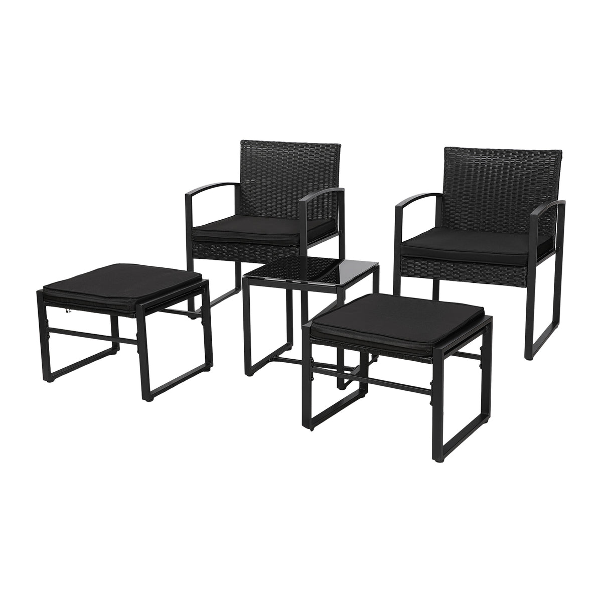 5-teiliges Gartenmöbelset aus Rattan, 2 Sessel + 2 Hocker + 1 Tisch – Schwarz