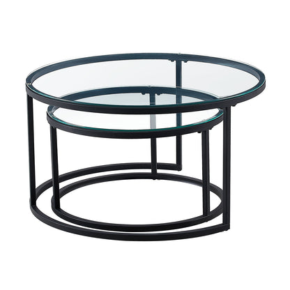 Rundes Couchtisch-Set, 2er-Set, solides Metallgestell und gehärtetes Glas (Gold und Schwarz)