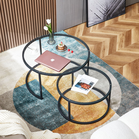 Rundes Couchtisch-Set, 2er-Set, solides Metallgestell und gehärtetes Glas (Gold und Schwarz)