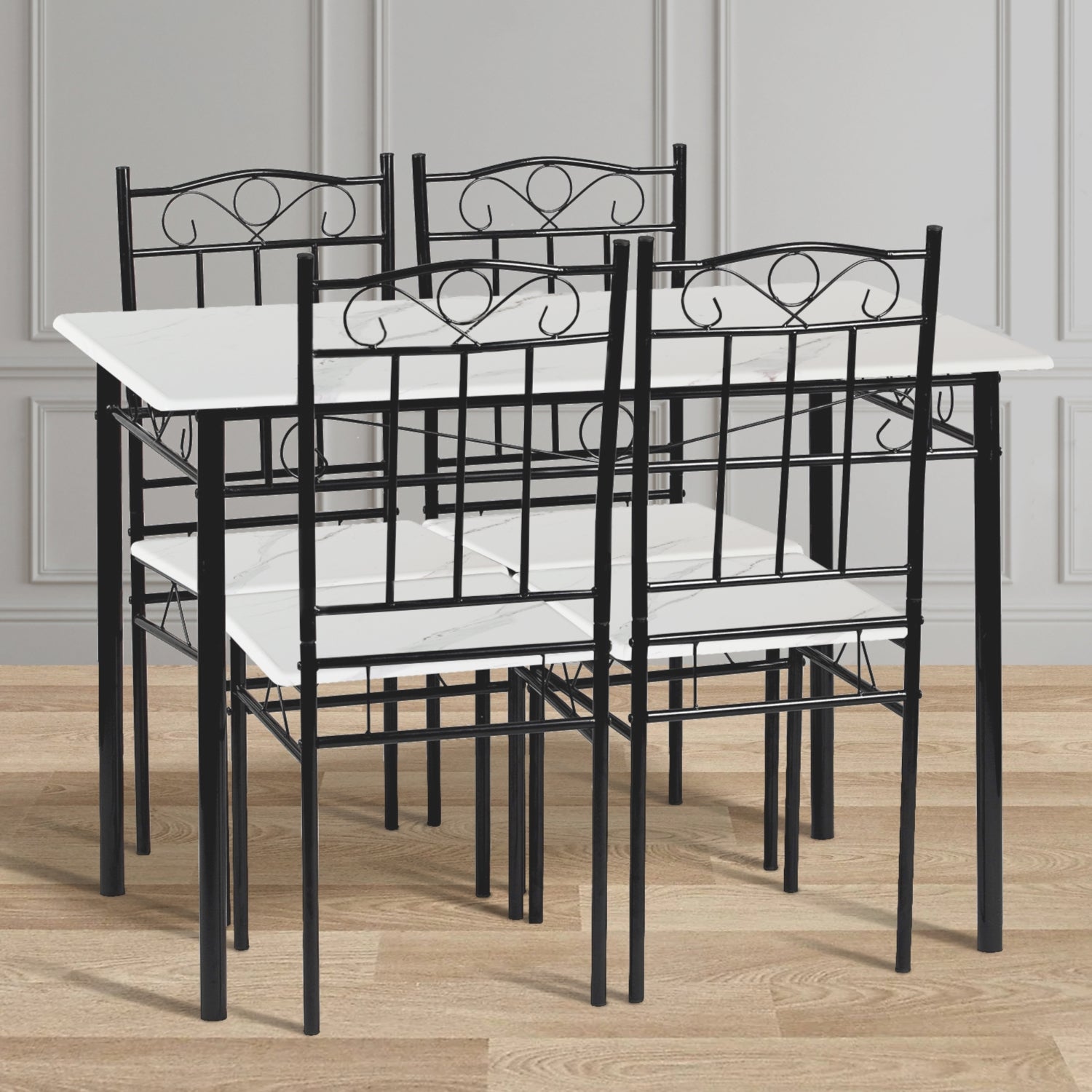NORSEMAN Marmorierung 5 TLG Sitzgruppe Esstisch mit 4 St¨¹hlen - 109 * 69 * 75cm - Wei?/Schwarz/Hellbraun