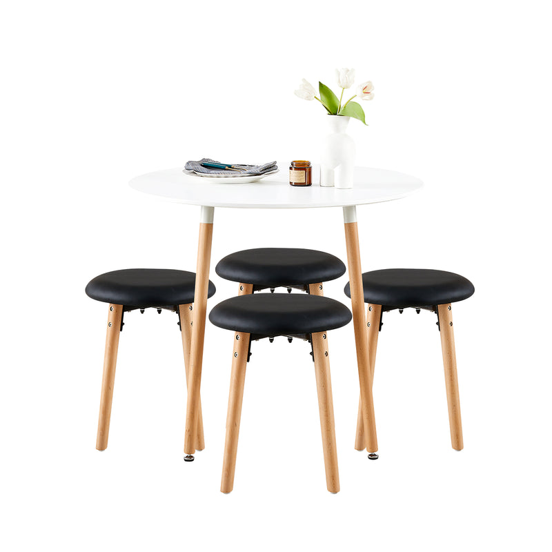 RONALD – Set aus elegantem weißem Esstisch und 4 schwarzen PU-Lederhockern