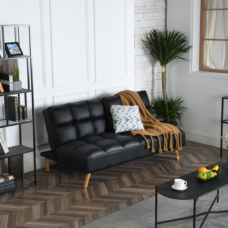 SEATER Schwarzes PU-Schlafsofa, 166 * 93 * 83 cm mit Gummiholzbeinen, 2 in 1 mit Reißverschluss, 44 cm Sitzhöhe